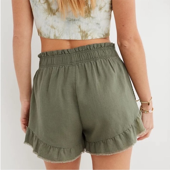 aerie Pants - Aerie High Waisted olive linen Ruffle Shorts